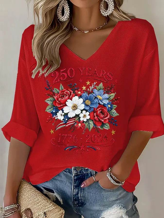 Women's American 250th Anniversary Three-Quarter Sleeve V-Neck Top