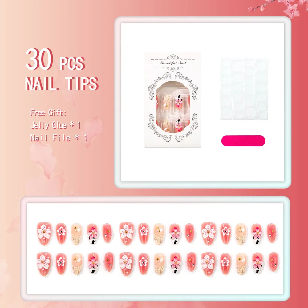 Nailhour 30Pcs Sweet Leopard Print Medium Almond French Press On Nails