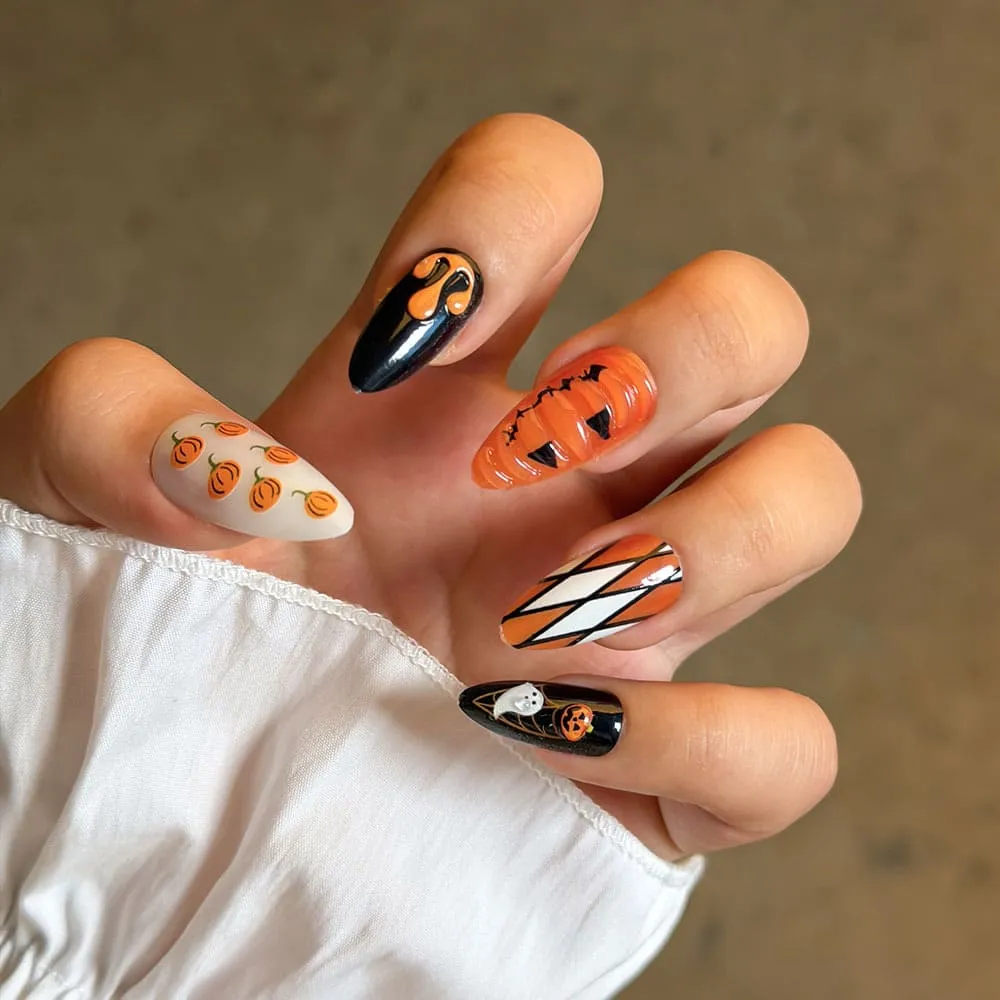 Nailhour 24Pcs Funny Pumpkin 3D Ghost Halloween Medium Almond Press On Nails