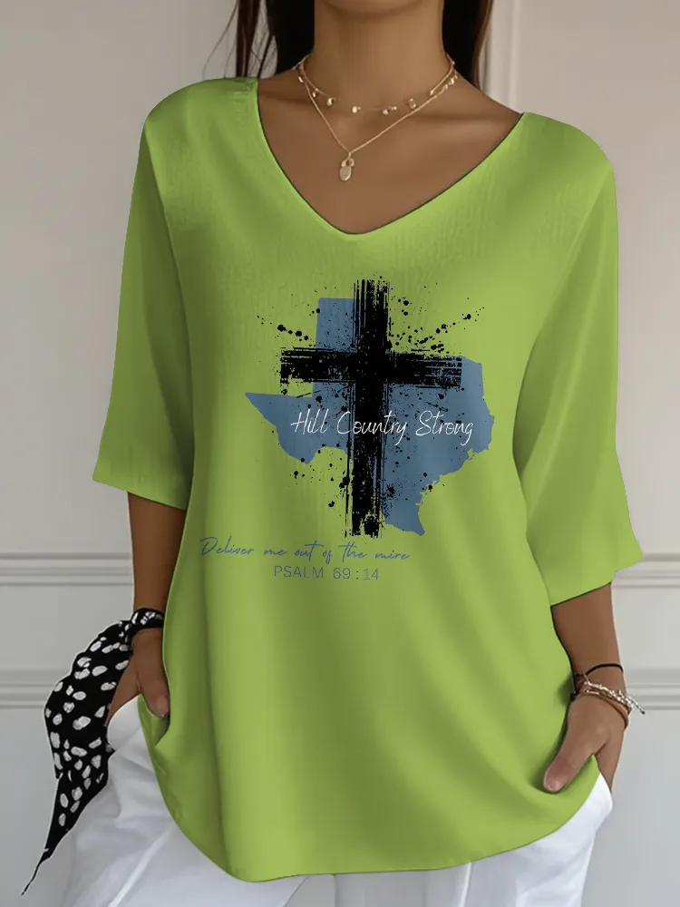 Ladies Casual Style HILL COUNTRY STRONG All-Match V-Neck Shirt