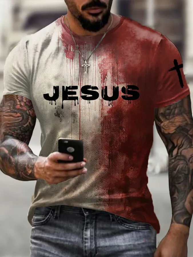 Men'S Bloodstained Faith Jesus Print Crew Neck T-Shirt