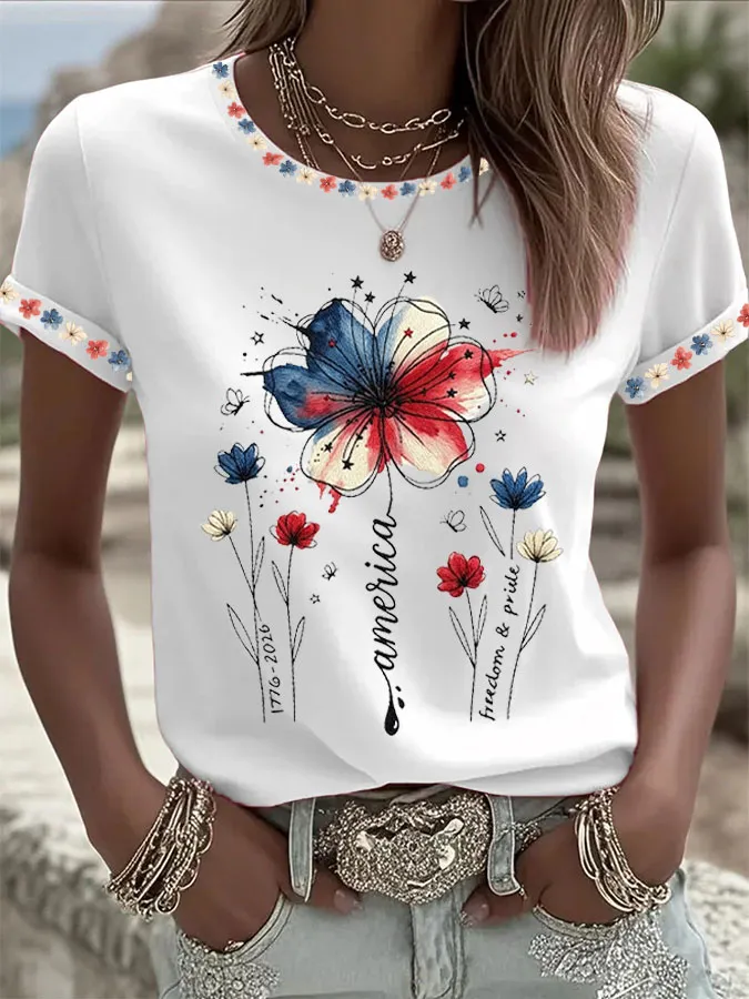 Women'S  America Flag Printed Casual T-Shirt