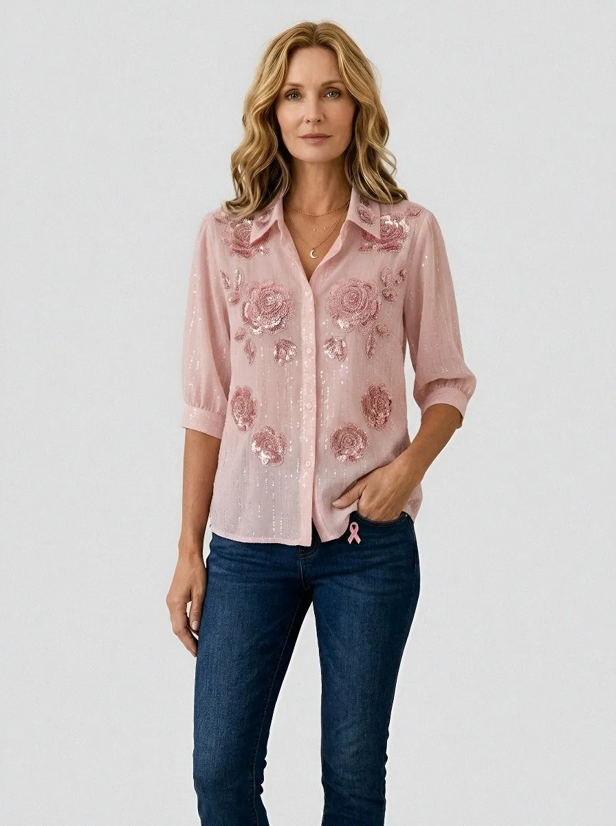 Women's Breast Cancer Awareness Pink Rose Sequin Embroidered Printed Shirt