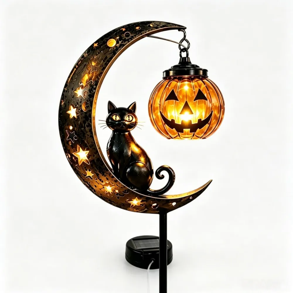Halloween Solar Black Cat & Pumpkin Moon Stake Light