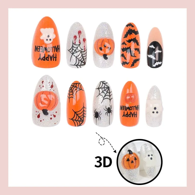 Nailhour 30Pcs Pumpkin 3D Medium Almond Halloween Press On Nails