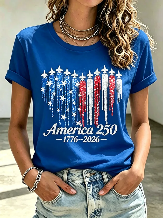 Ladies' Casual American 250Th Anniversary Commemorative Sequin Personalized Printed Round Neck Short Sleeved T-Shirt