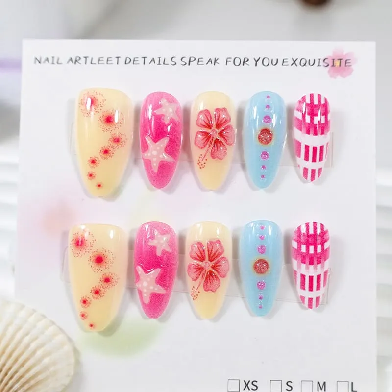 Nailhour 30Pcs Pink & Blue Color Block Medium Almond French Press On Nails