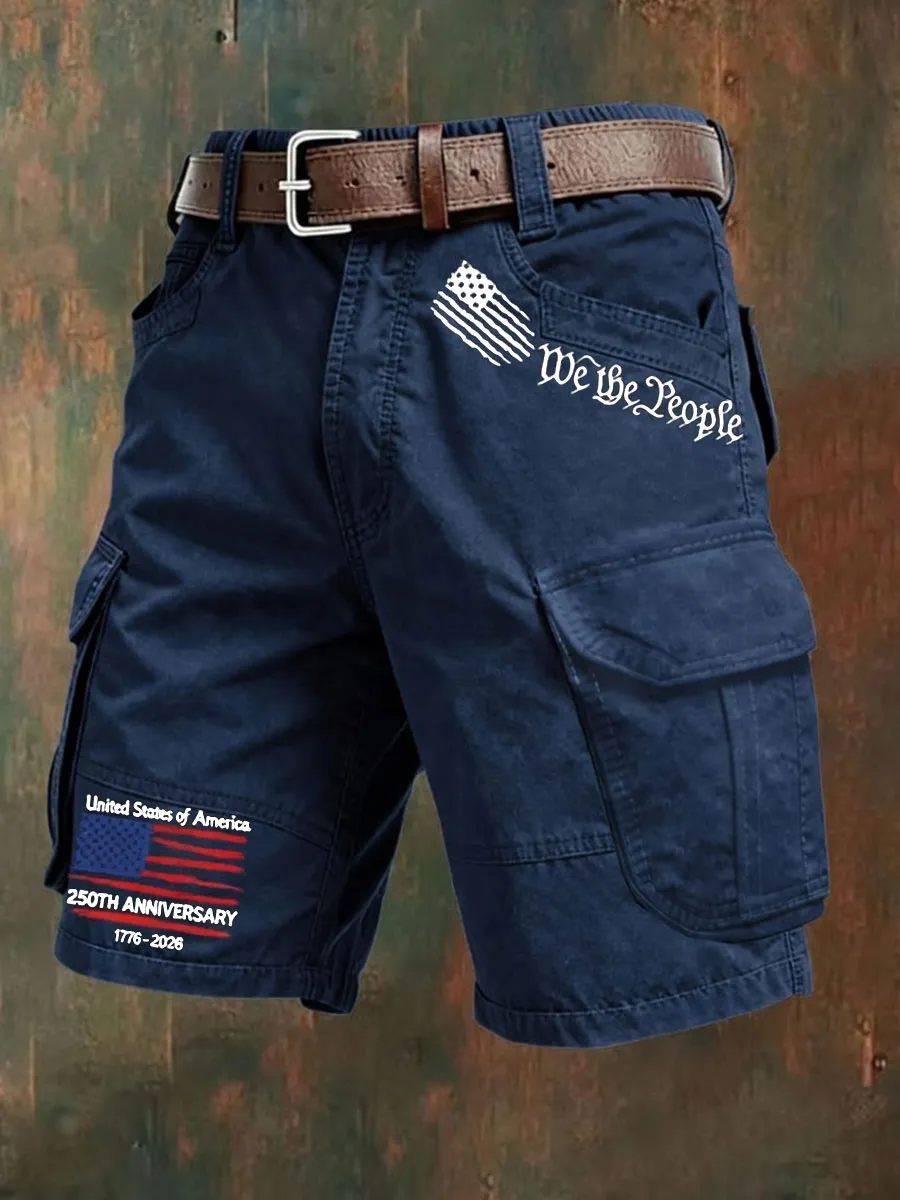 Men's Retro Flag Cross Multi-Pocket Print Cargo Shorts