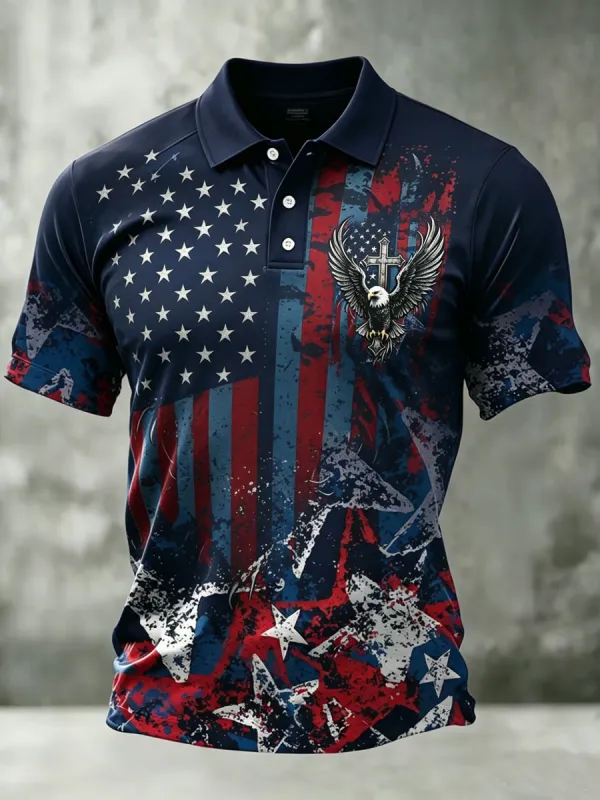 Men'S Retro Patriotic Color-Block Short-Sleeve Polo Shirt