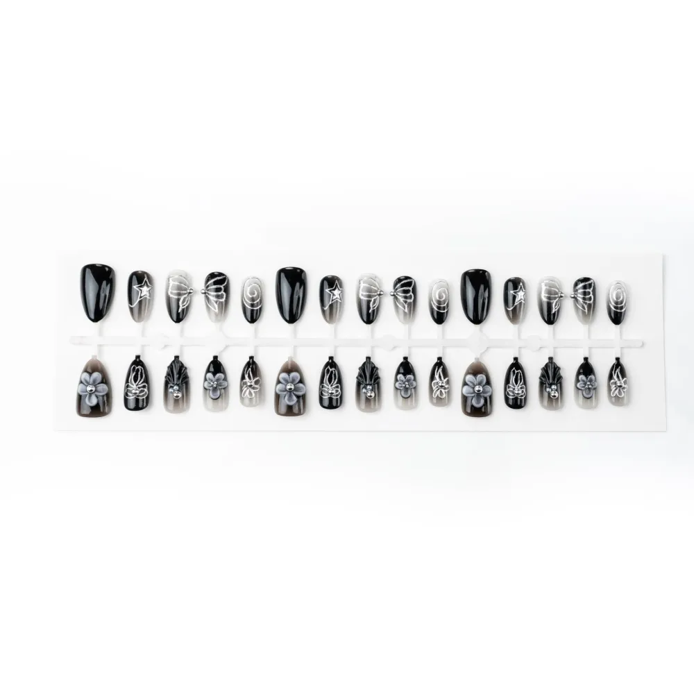 Nailhour 30Pcs Floral 3D Black Medium Almond French Press On Nails