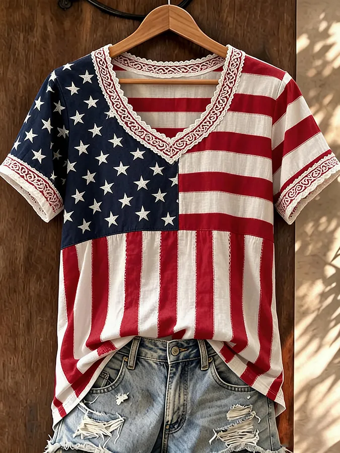 Women's Retro Independence Day Printed V-neck Cotton Hemp Top