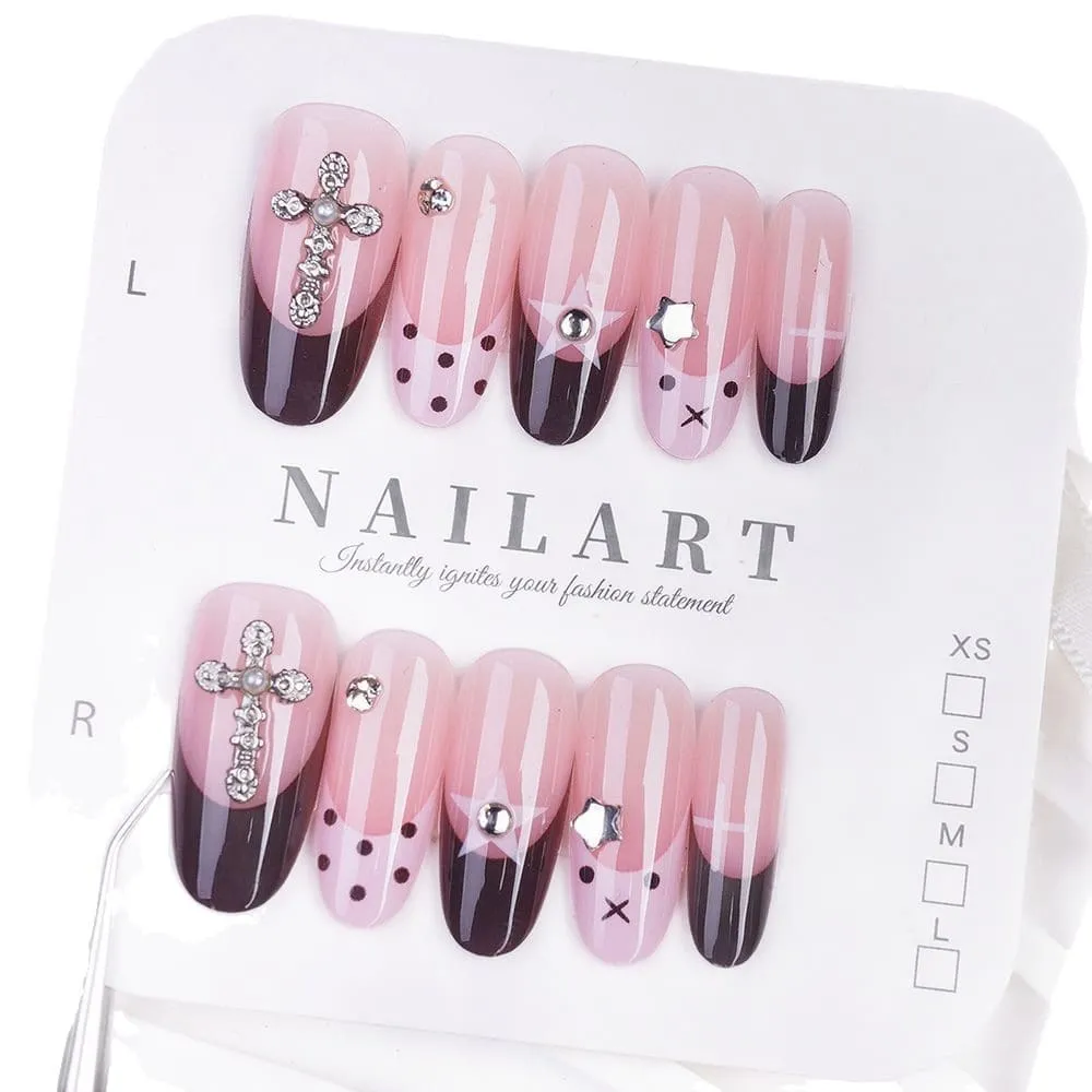 Nailhour 10Pcs Cute Rhinestone French Medium Almond Press On Nails