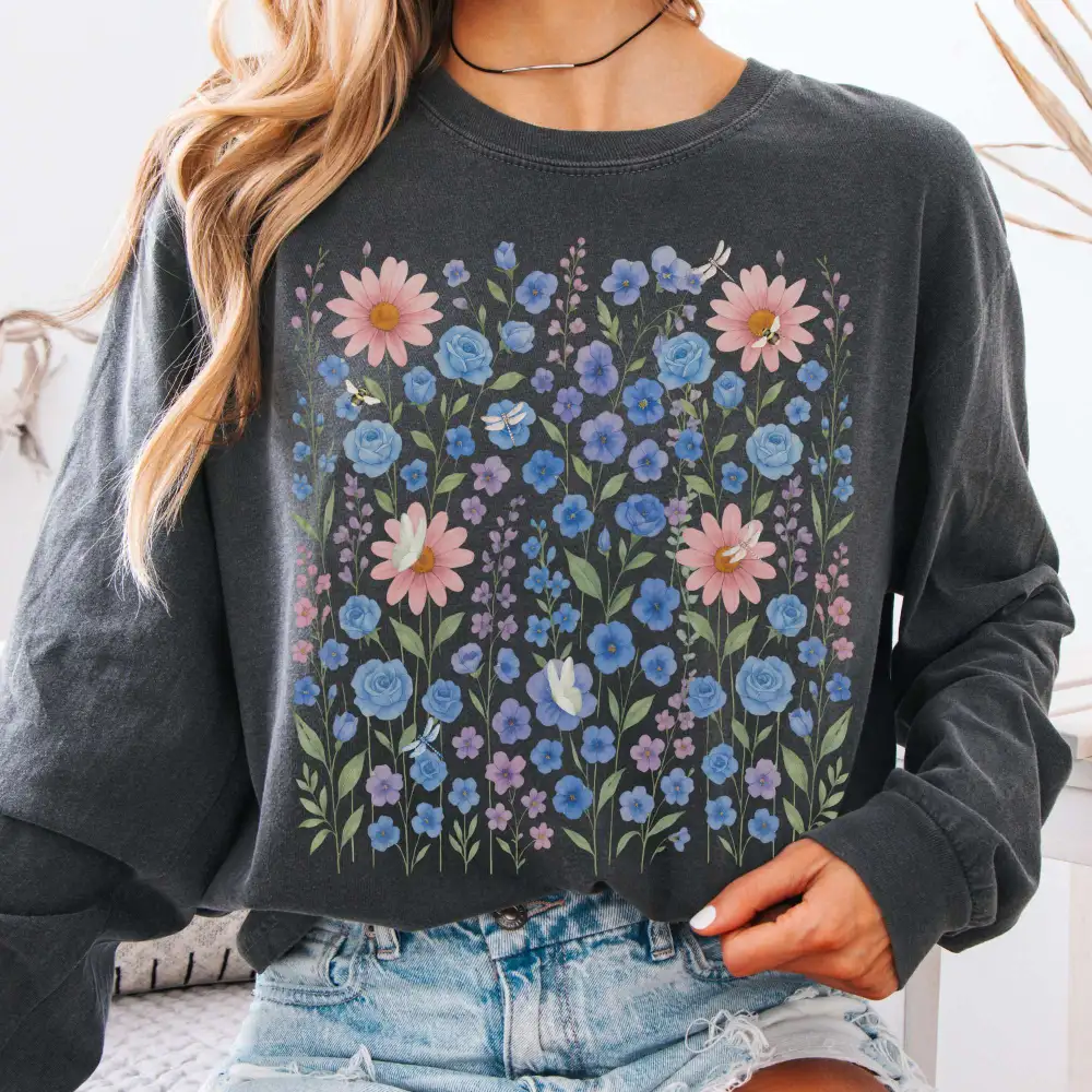 Blue Violet Wildflowers Long Sleeve Shirt