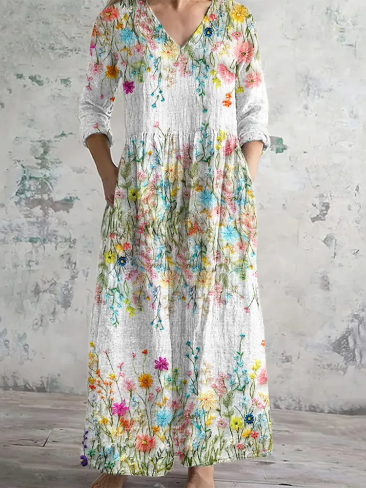 Vibrant Wildflower Linen V-Neck Maxi Dress