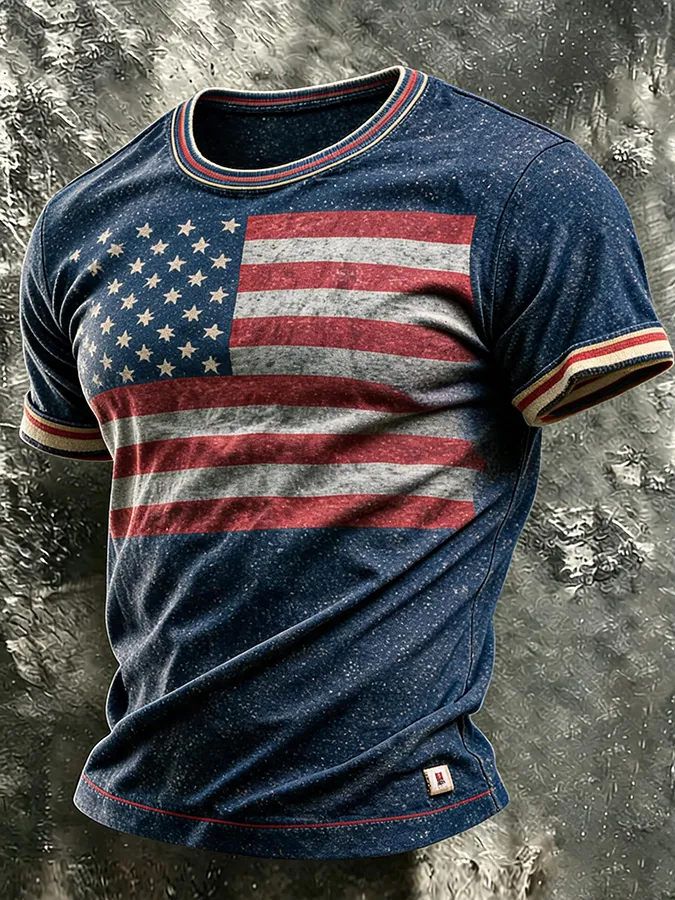 Men's Retro Patriotic Color-Block Crew Neck Short-Sleeve T-Shirt