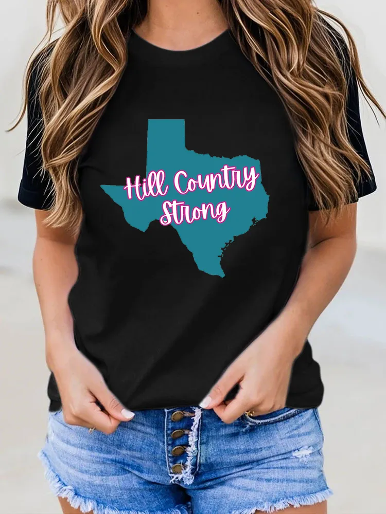 Ladies HILL COUNTRY STRONG All-Match Loose And Slim Round Neck Shirt