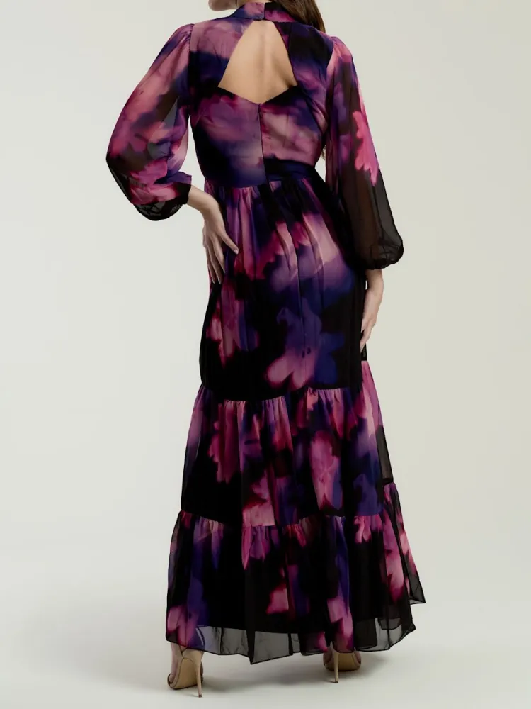 Tiered Floral Mock Neck Dress
