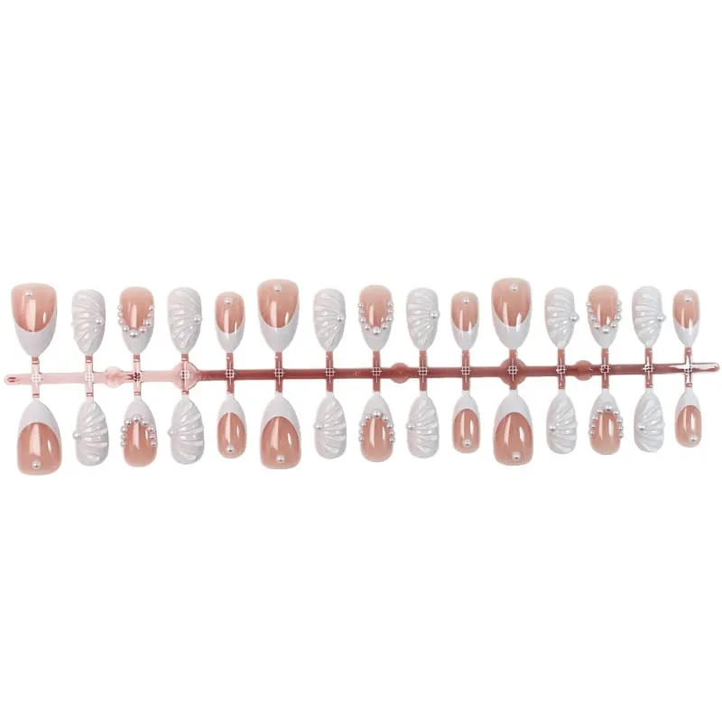 Nailhour 30Pcs White Pearl 3D Medium Almond French Press On Nails
