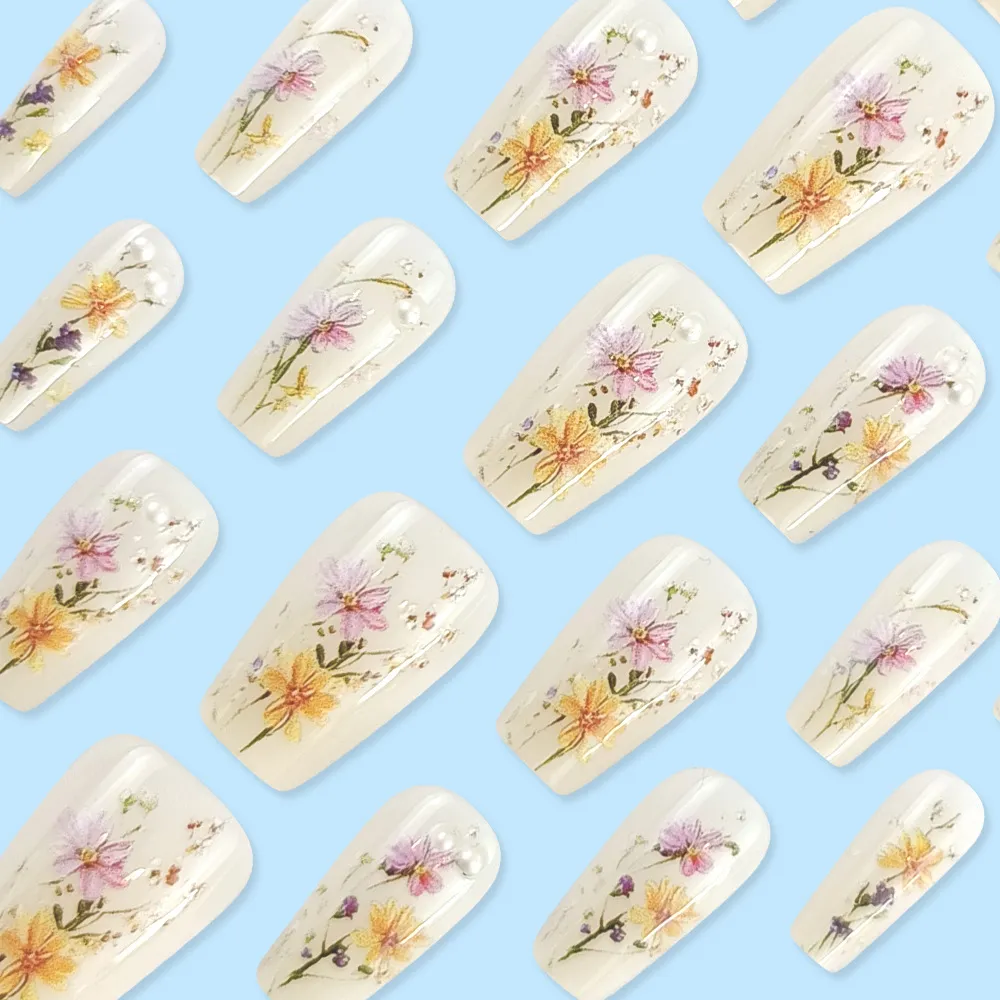 Nailhour Square Nude Floral 24Pcs Daily Press On Nails