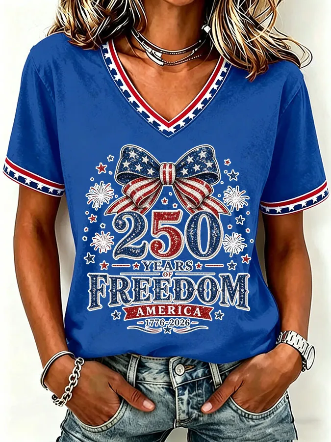 Women'S America Flag Print Casual V-Neck T-Shirt