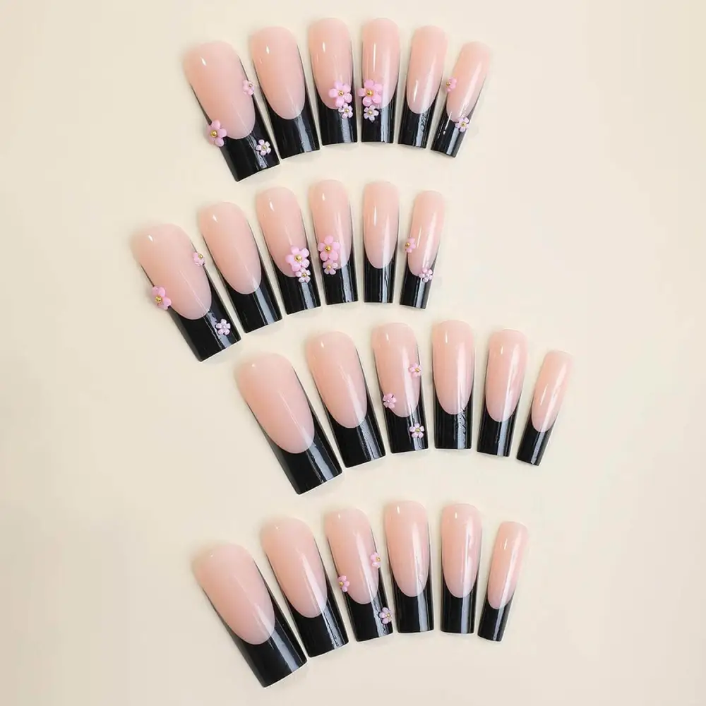 Nailhour 24Pcs French Long Square Goth Cherry Blossom Press On Nails