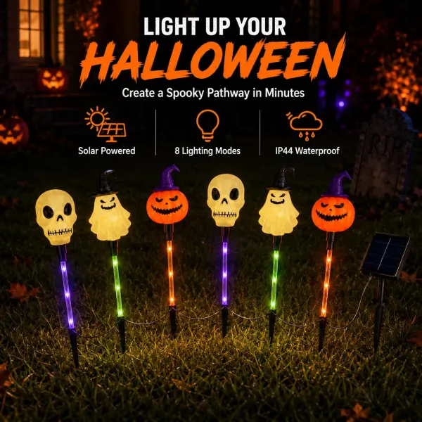 6pcs Halloween Solar Path Lights - Outdoor Ghost, Skeleton & Pumpkin Stake Lights with 8 Modes