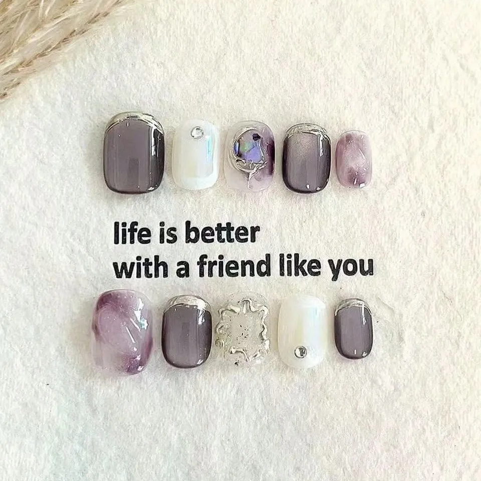 Nailhour 10Pcs Handmade Multicolor Rhinestone Short Squoval Press On Nails