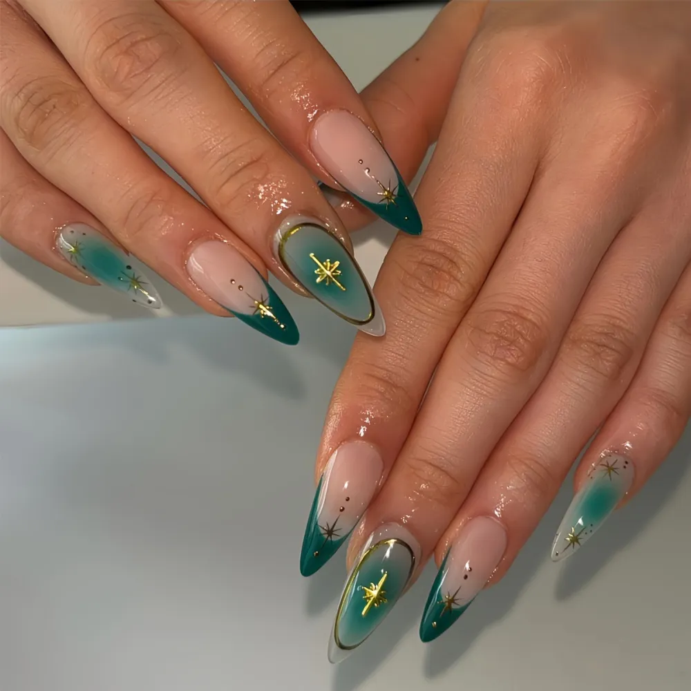 Nailhour 24Pcs Green Glitter Medium Almond Press On Nails