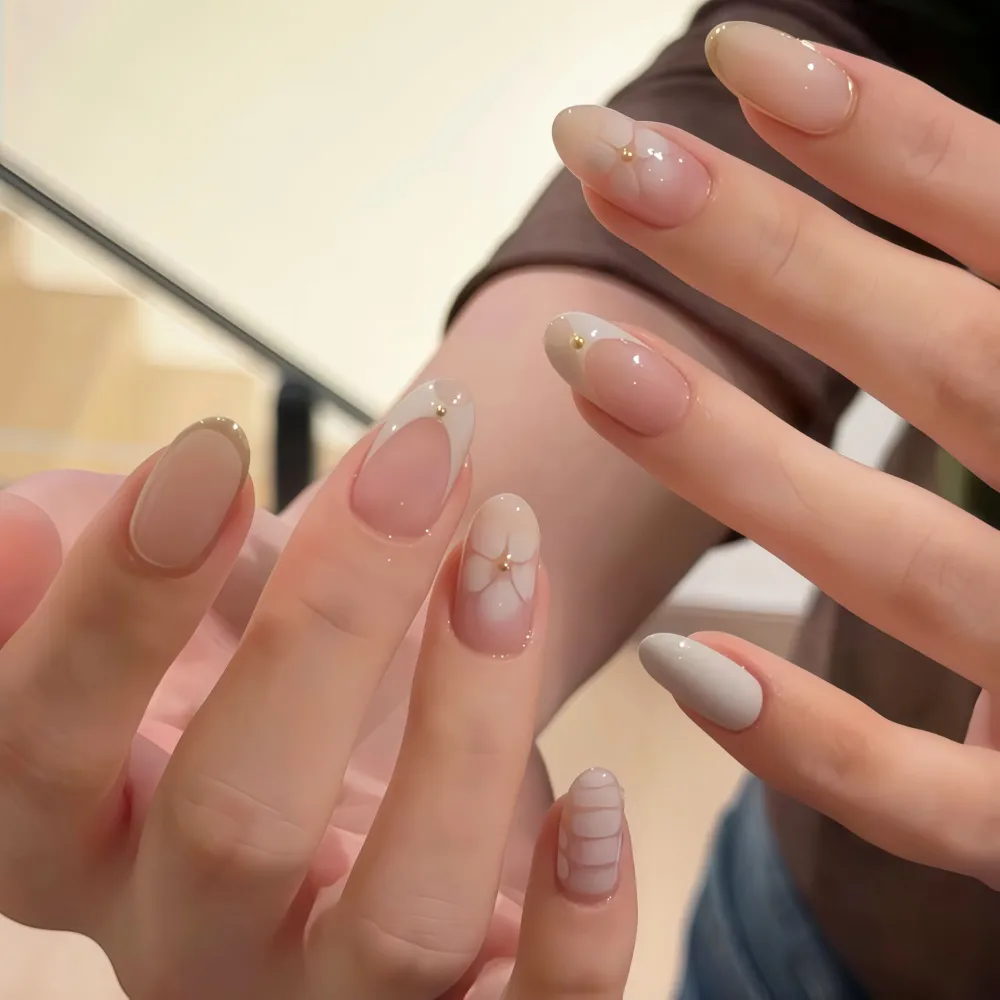 Nailhour 30Pcs Gilded 3D Medium Almond French Press On Nails