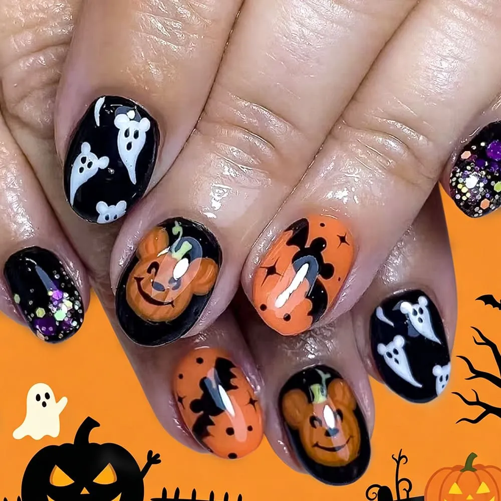 Nailhour 24Pcs Glossy Black And Orange Spider Ghost Halloween Short Squoval Press On Nails