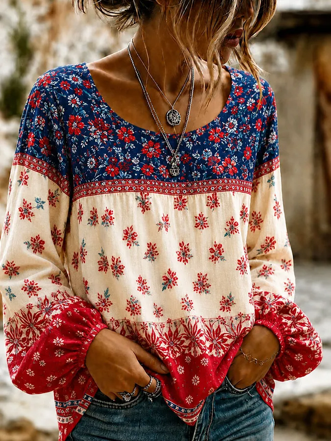 Women'S Retro Independent Floral Art Printed Long Sleeved T-Shirt