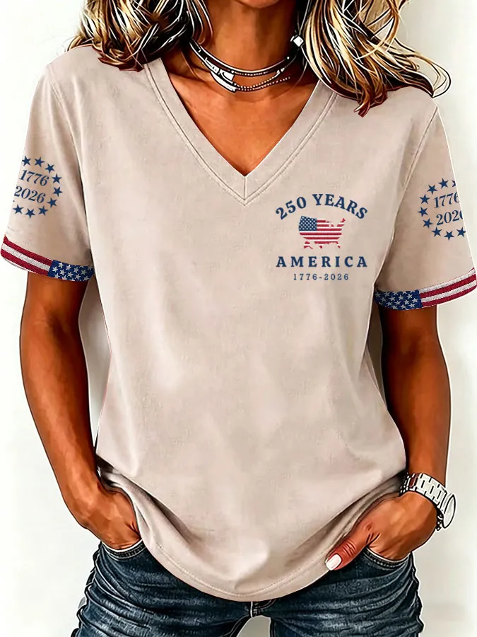 Women'S America Flag  Print Casual V-Neck T-Shirt