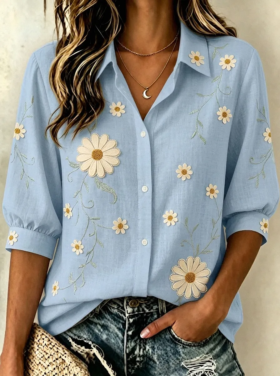 Women's Breast Cancer Awareness Daisy Floral Embroidered Printed Shirt