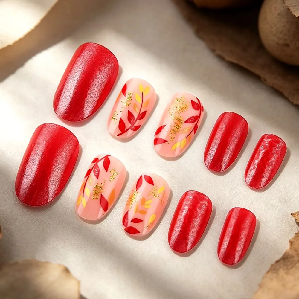 Nailhour 24Pcs Autumn French Multicolor Short Oval Press On Nails