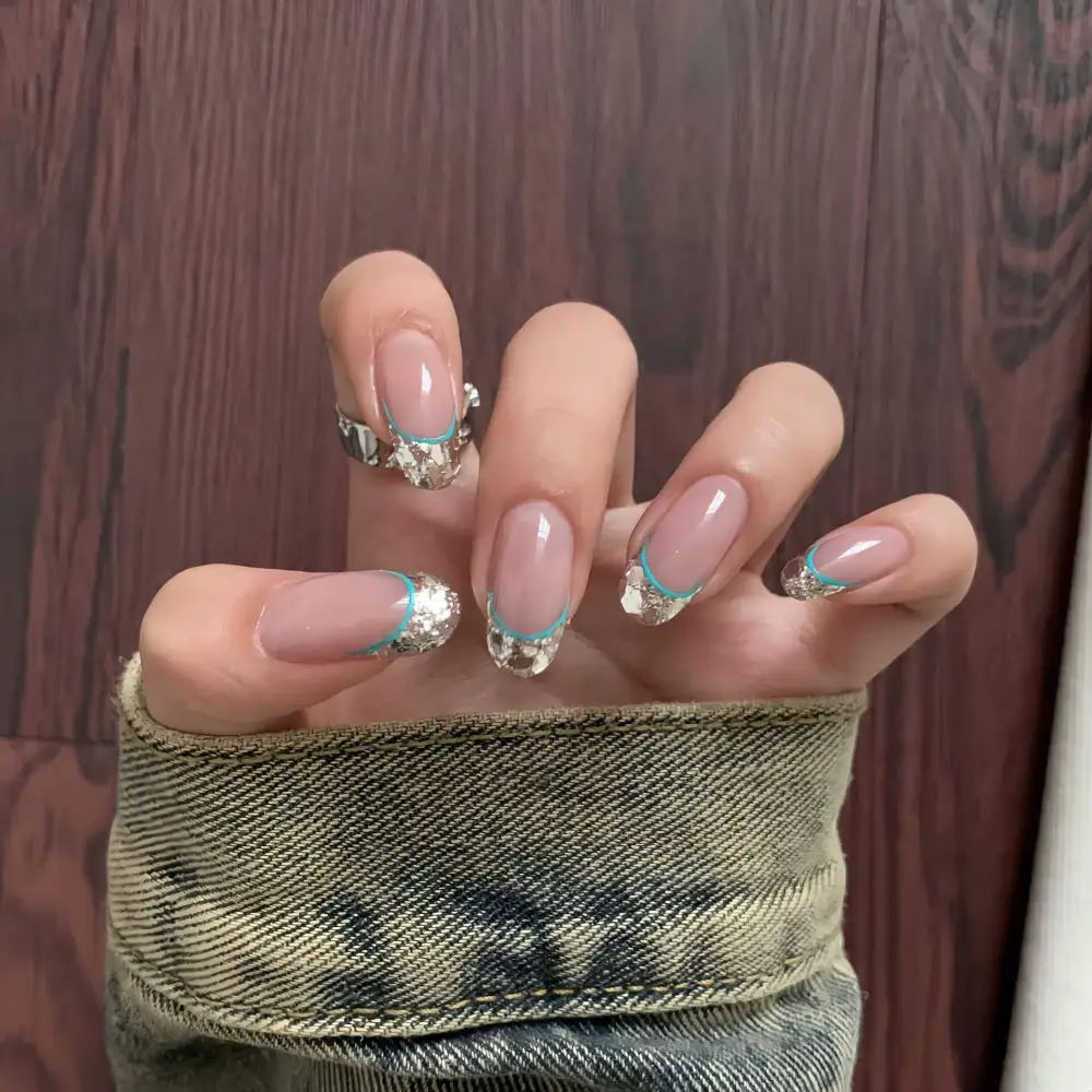 Nailhour 10Pcs Handmade French Glitter Rhinestone Medium Oval Press On Nails