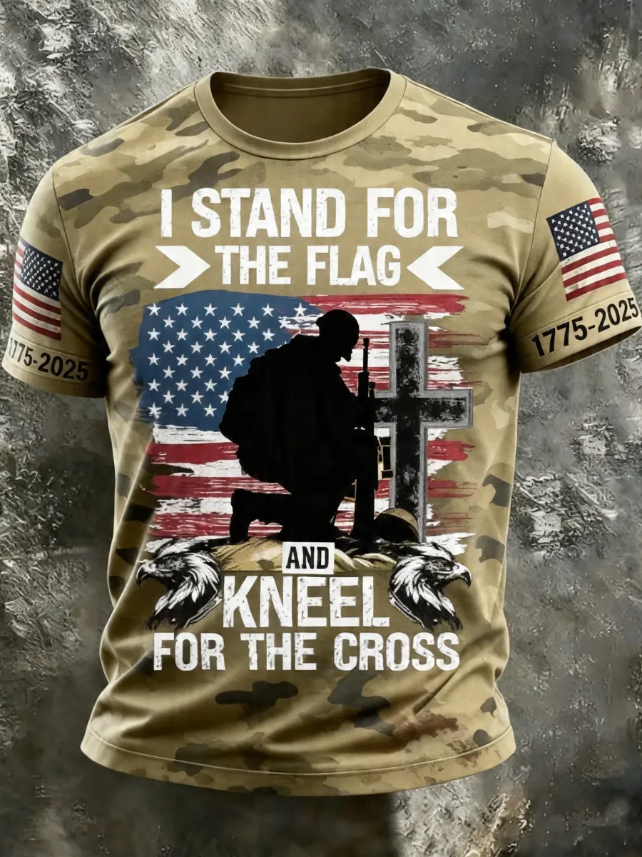 Men's America's 250th Anniversary Stand For The Flag Kneel For The Cross Faith Christian Cross Print T-Shirt