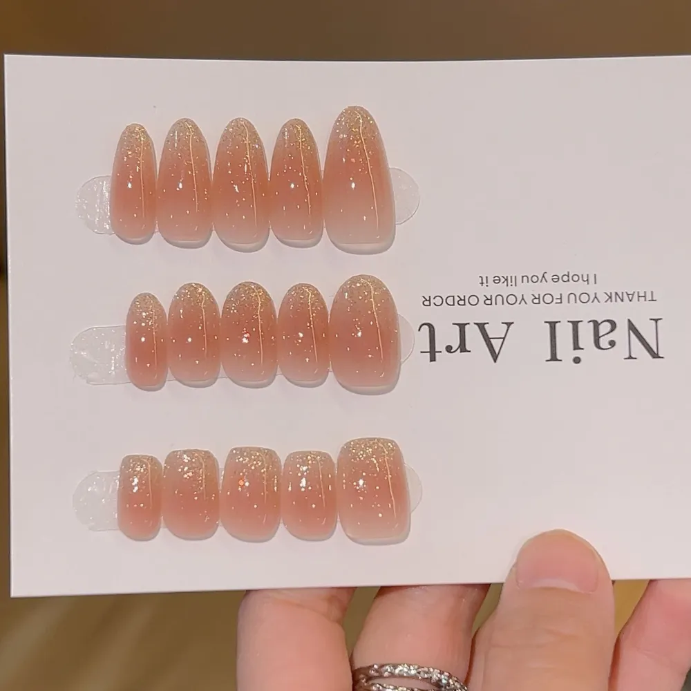Nailhour 10Pcs Nude Gradient Glitter Medium Oval Press On Nails