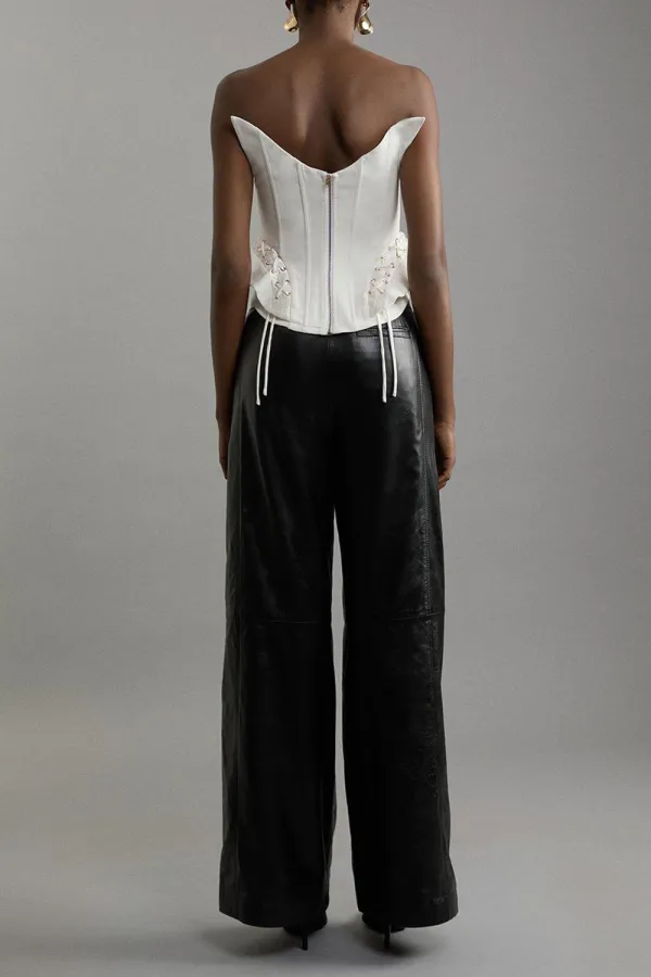 Mid Rise Wide Leg Leather Trousers