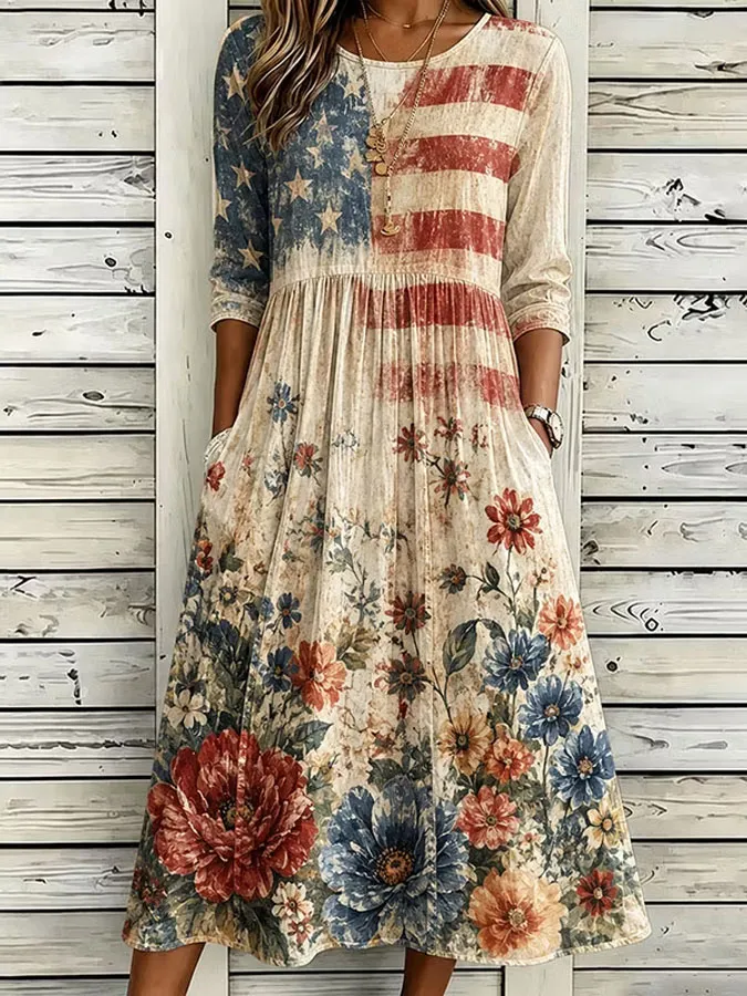 Women'S Flag Floral Printed Casual Dress