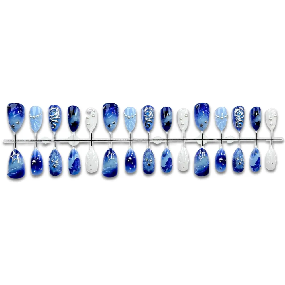 Nailhour 30Pcs Blue Gilded 3D Medium Almond French Press On Nails