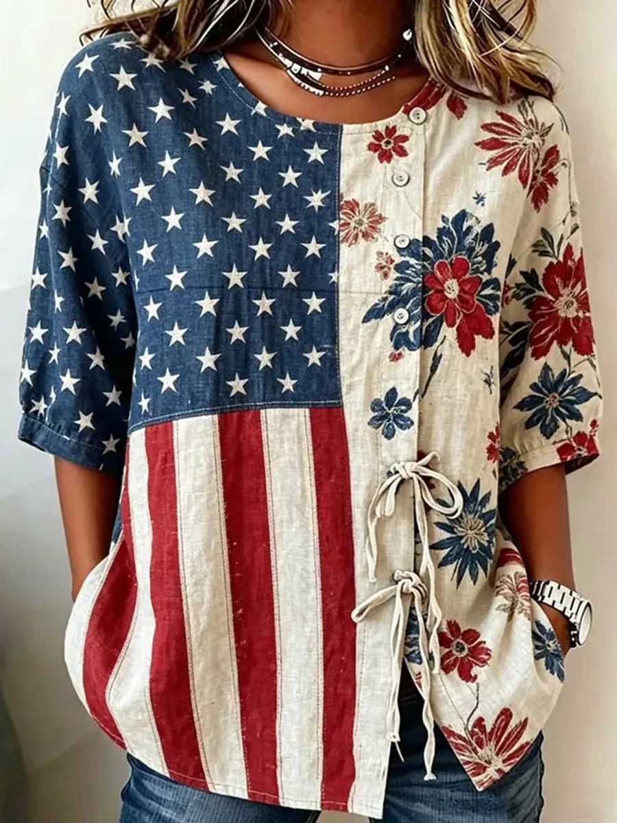 Women's Cotton Linen USA 250th Anniversary Print Shirt