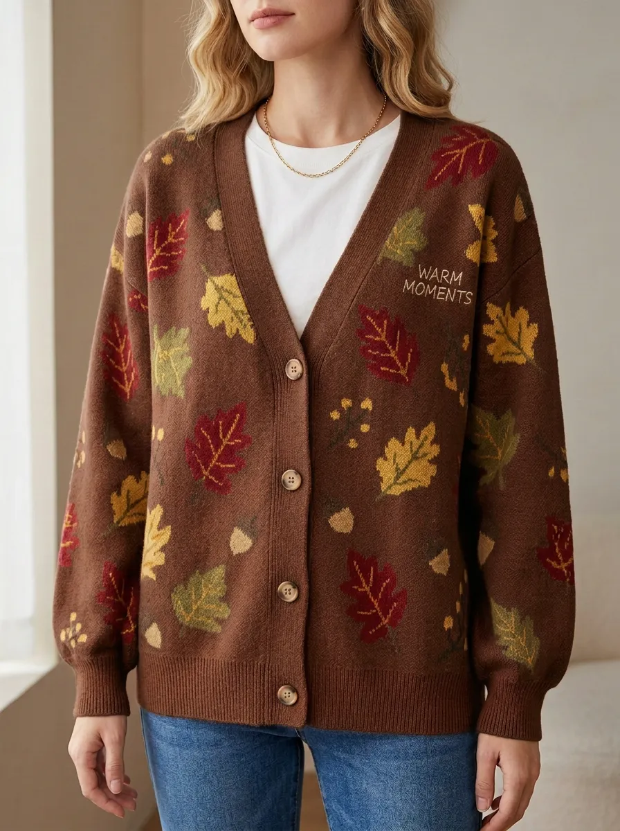 Leaves Acorn Pattern Embroidered Women's Knit Cardigan