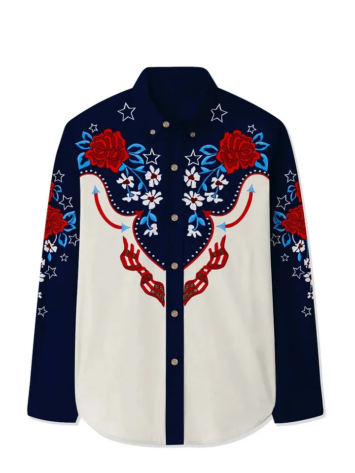 Western Flag And Flower - 100% Cotton Long Sleeves Shirt