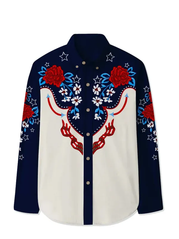 Western Flag And Flower - 100% Cotton Long Sleeves Shirt