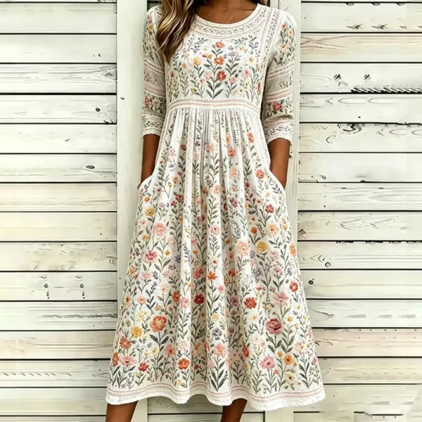 Women's Colorful Floral Art Printed Linen Blended Lace Round Neck Short Sleeved Dress