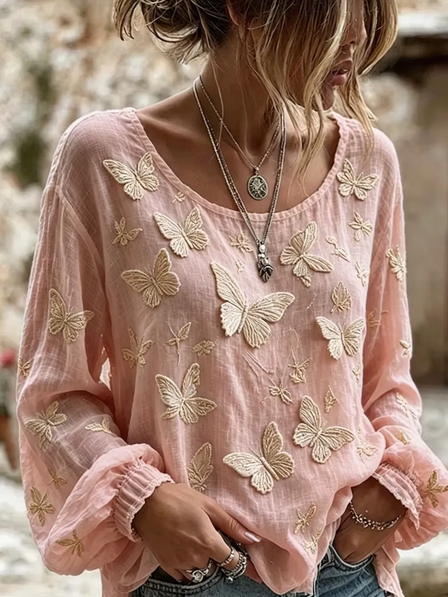 Women's Casual Simulation Butterfly Printed Cotton And Linen Top