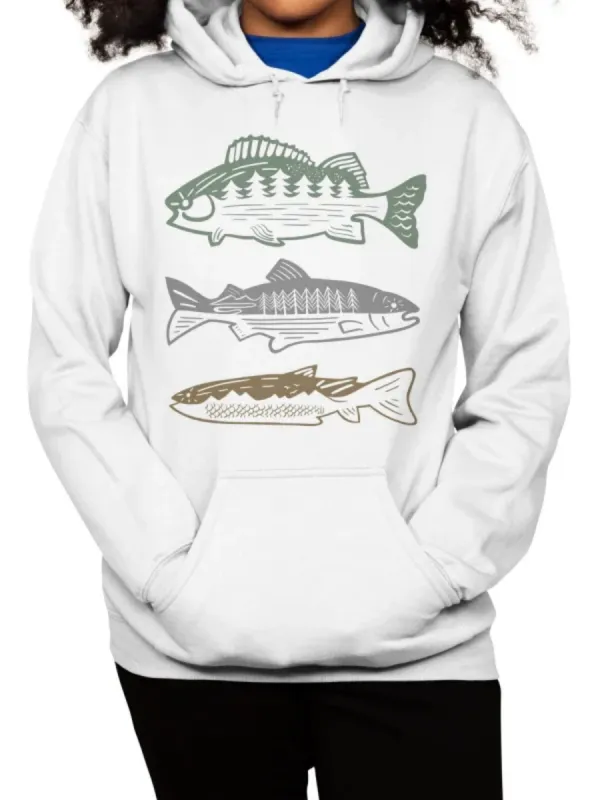 Pocketed Fish Print Hoodie