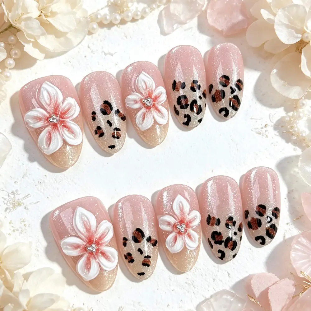 Nailhour 30Pcs Autumn Pink 3D Floral Medium Almond Press On Nails