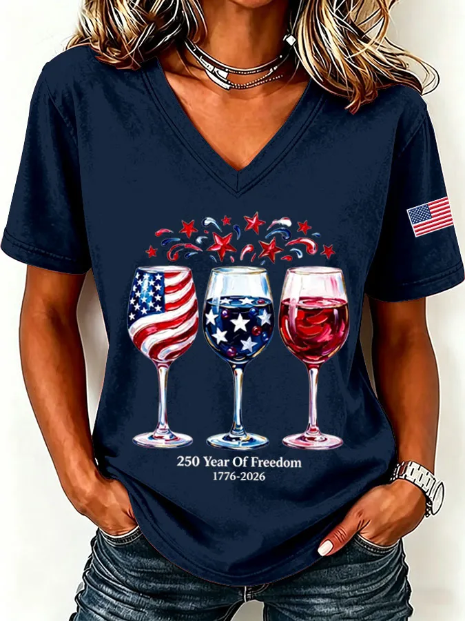 Women'S America Flag  Print Casual V-Neck T-Shirt