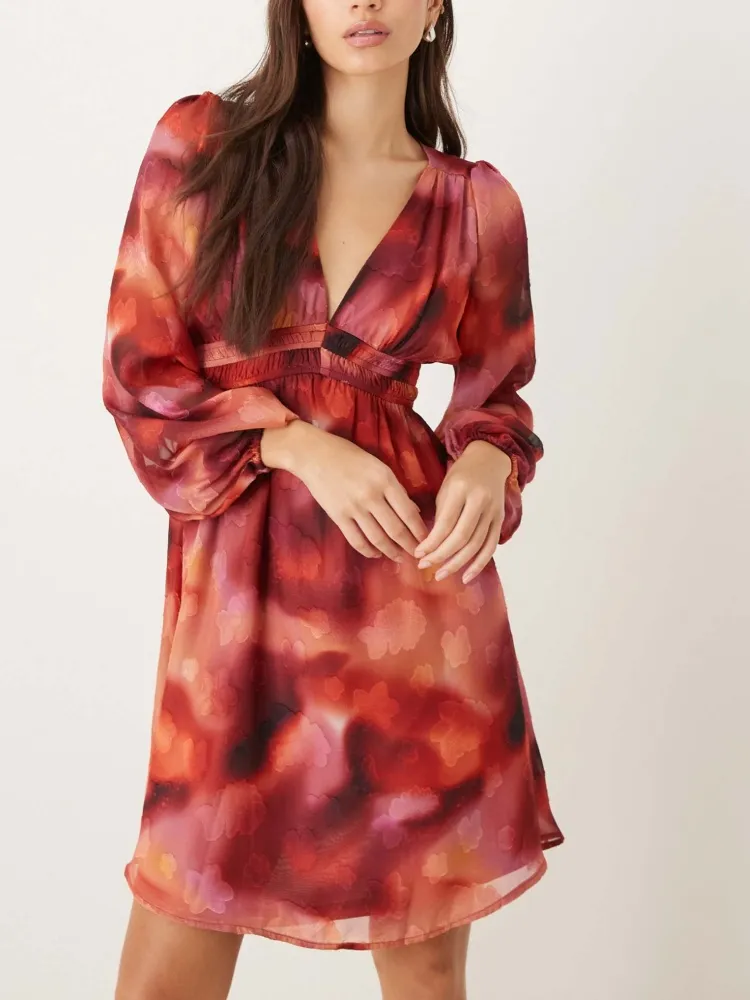 Printed V Neck  Long Sleeve Dress